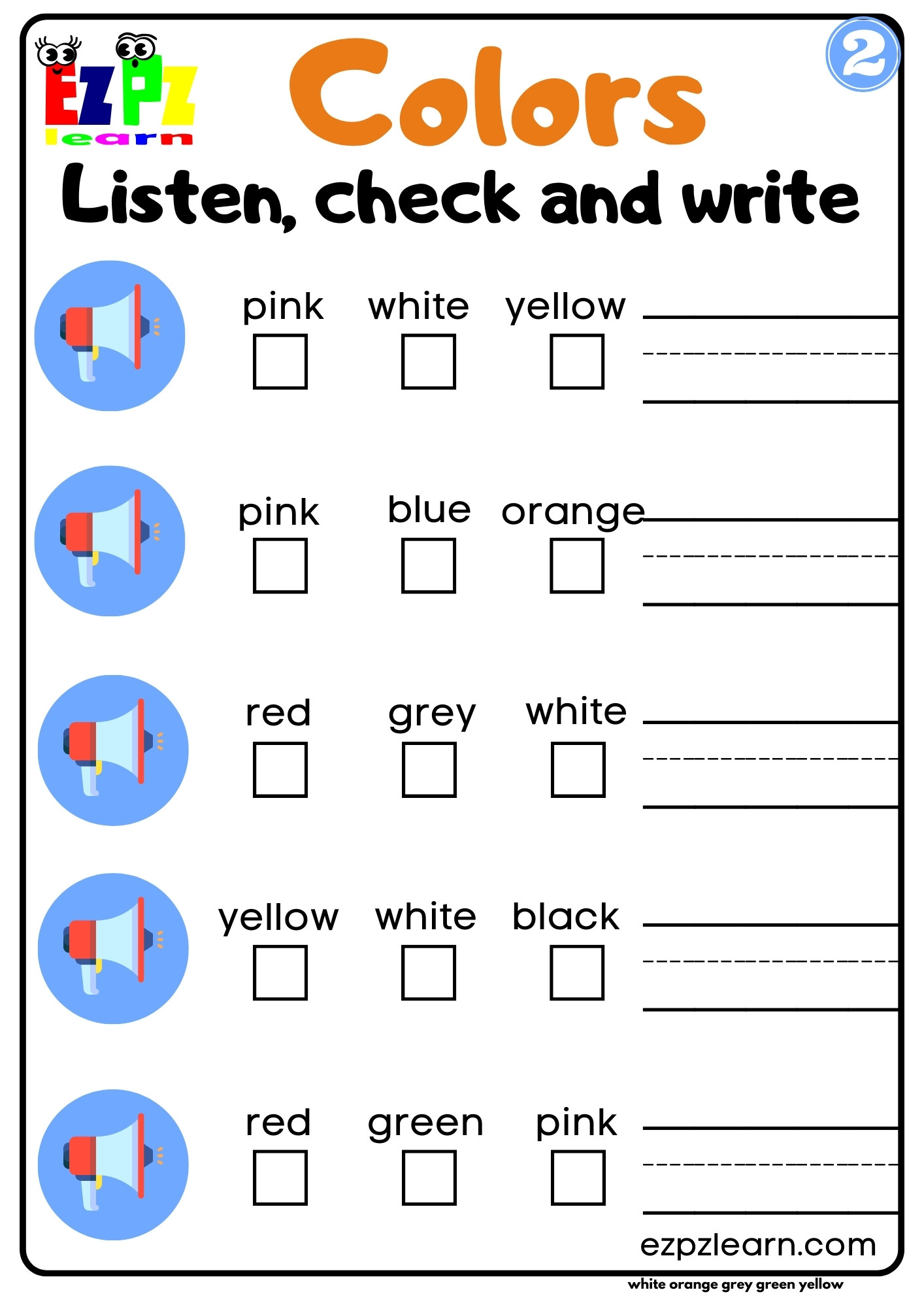 Interactive colors worksheet listen check and write activity for kids